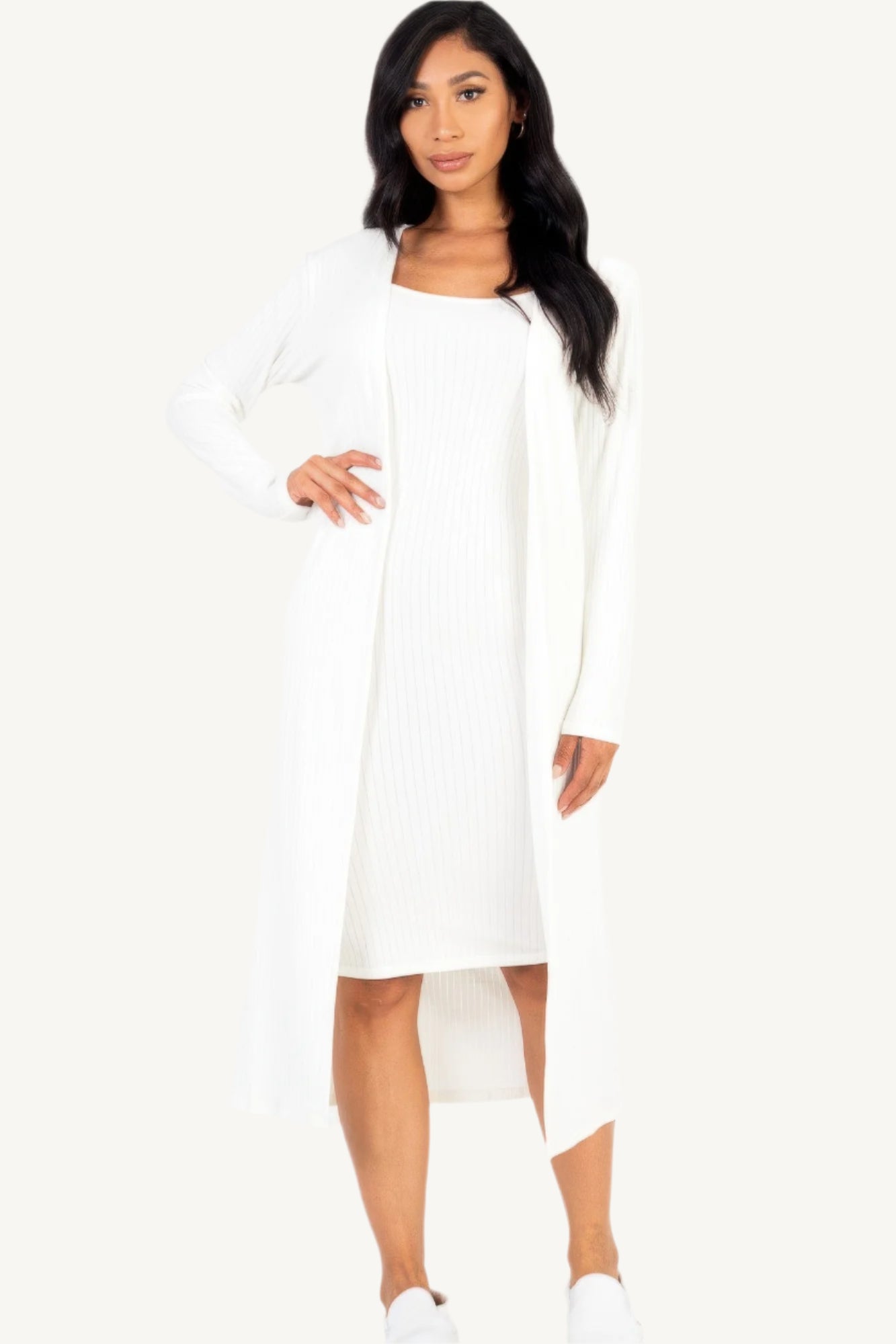 "Ribbed cardigan and cami midi bodycon dress set – soft, stretchy knit fabric for a flattering and comfortable all-day fit."