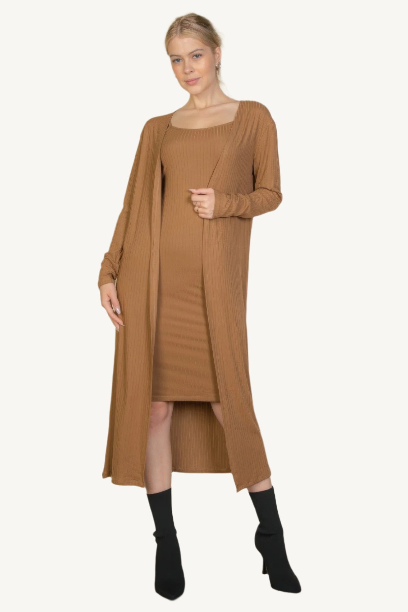 "Ribbed cardigan and cami midi bodycon dress set – soft, stretchy knit fabric for a flattering and comfortable all-day fit."
