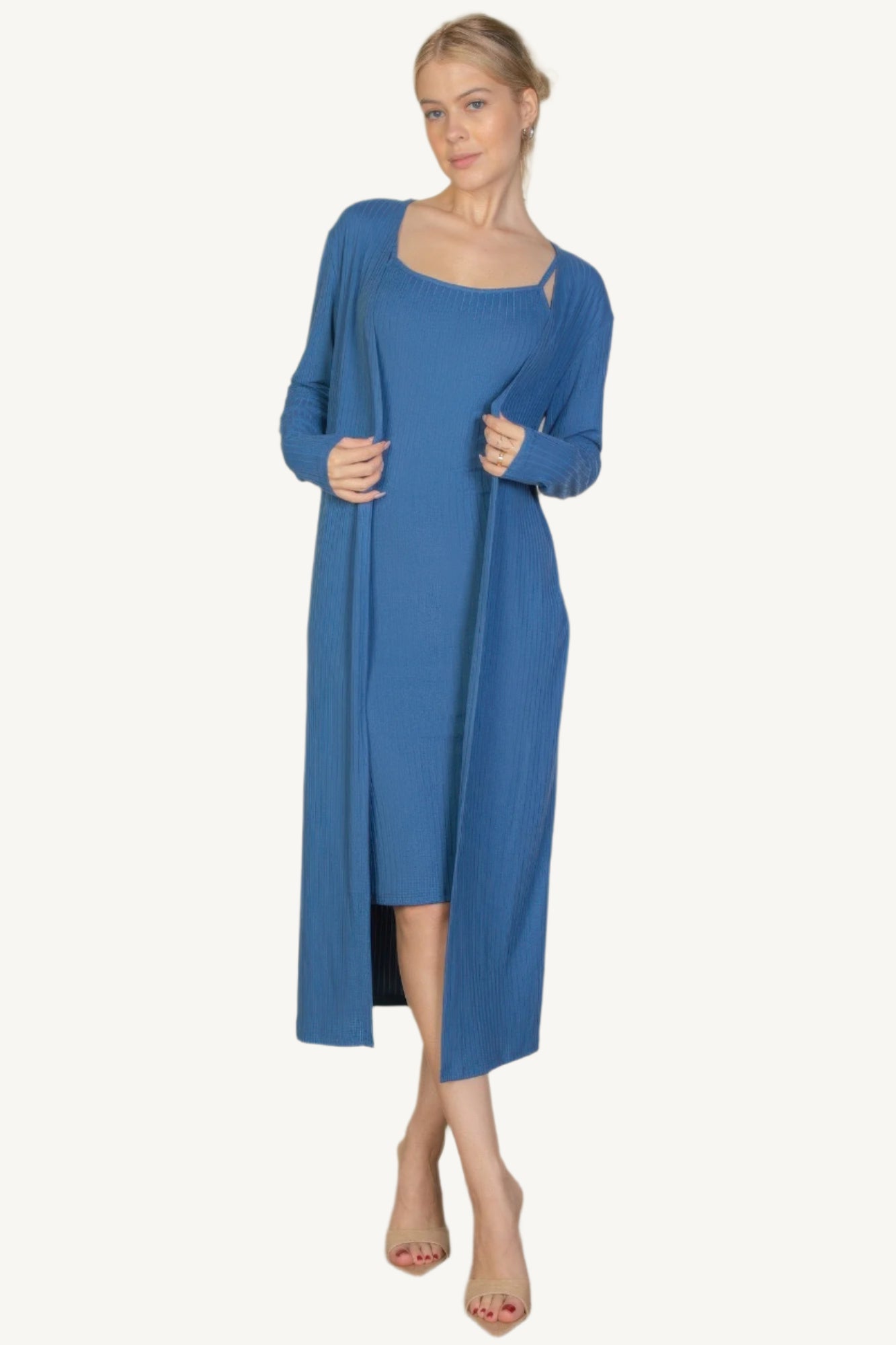 "Ribbed cardigan and cami midi bodycon dress set – soft, stretchy knit fabric for a flattering and comfortable all-day fit."