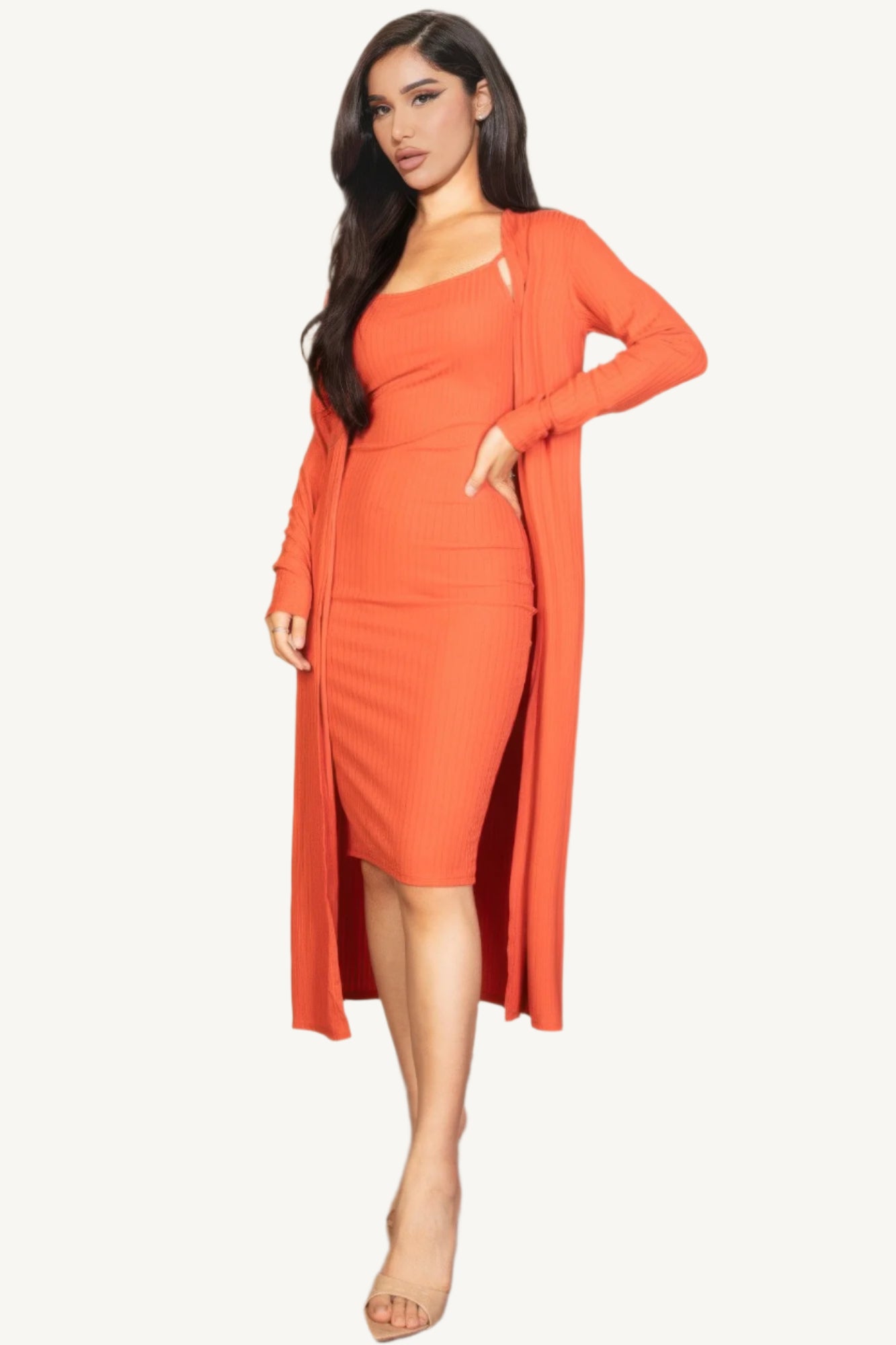 "Ribbed cardigan and cami midi bodycon dress set – soft, stretchy knit fabric for a flattering and comfortable all-day fit."