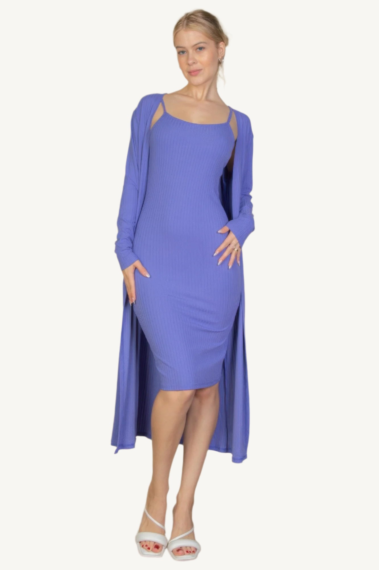 "Ribbed cardigan and cami midi bodycon dress set – soft, stretchy knit fabric for a flattering and comfortable all-day fit."
