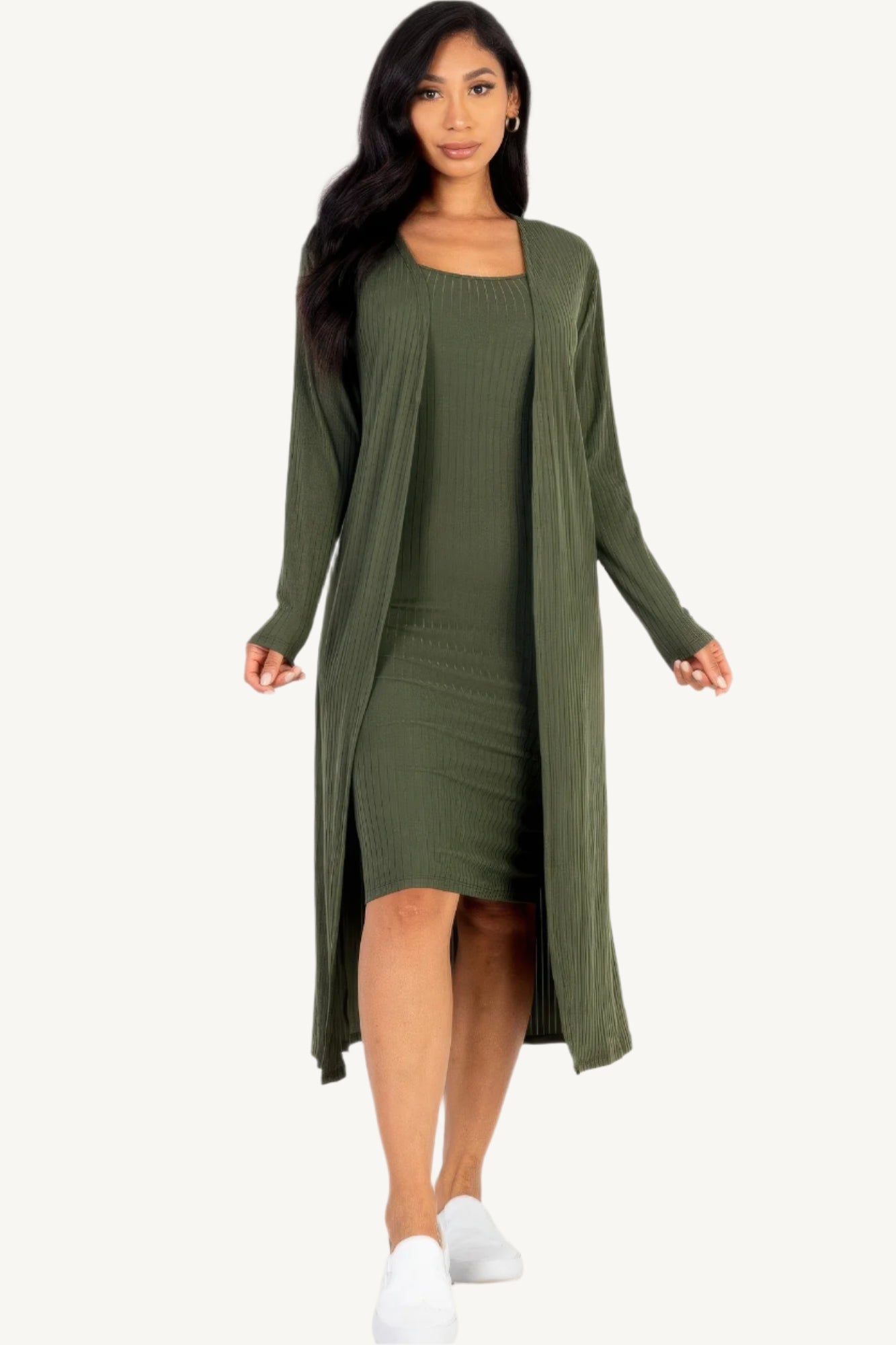 "Ribbed cardigan and cami midi bodycon dress set – soft, stretchy knit fabric for a flattering and comfortable all-day fit."