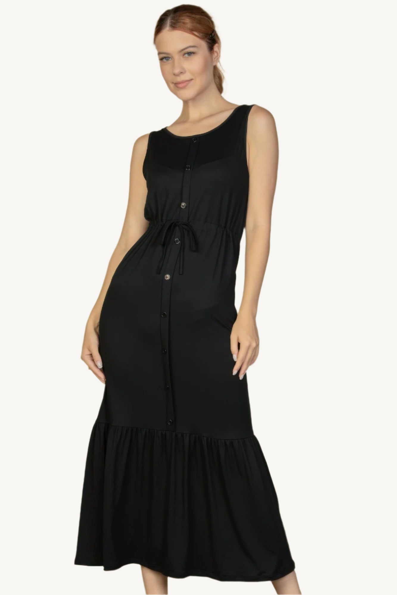 "Sleeveless jersey maxi dress with button front and tie waist – lightweight, stretchy fabric for a flattering, relaxed summer look."