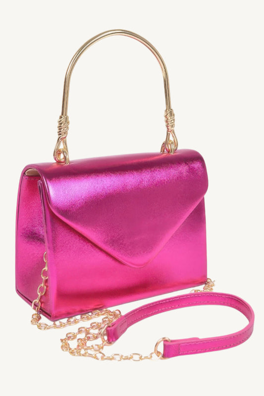 "Metallic crossbody bag with metal handle – stylish and functional accessory for any occasion."