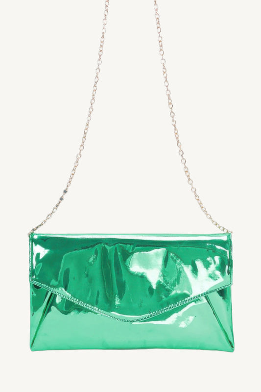"Glossy mirror envelope clutch – sleek, reflective evening bag for a bold and glamorous look."