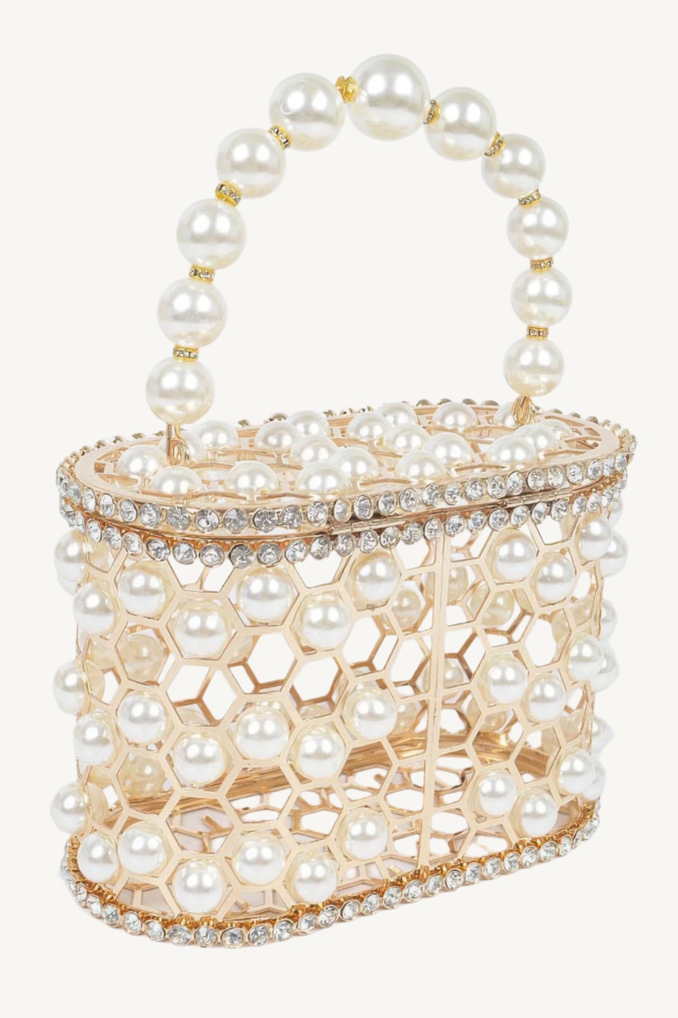 "Elegant mesh party clutch with faux pearls and rhinestones – sparkling evening accessory."