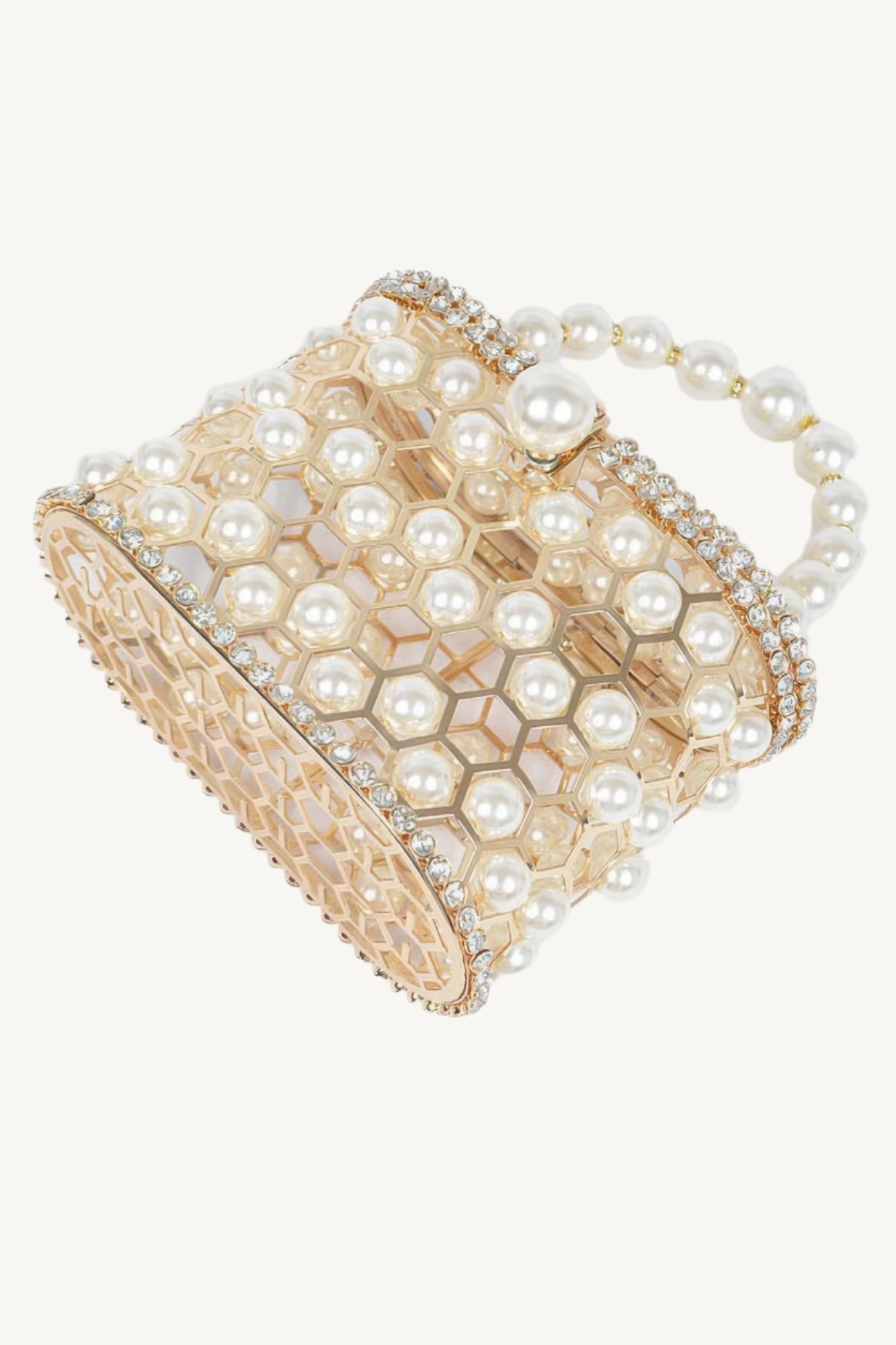 "Elegant mesh party clutch with faux pearls and rhinestones – sparkling evening accessory."