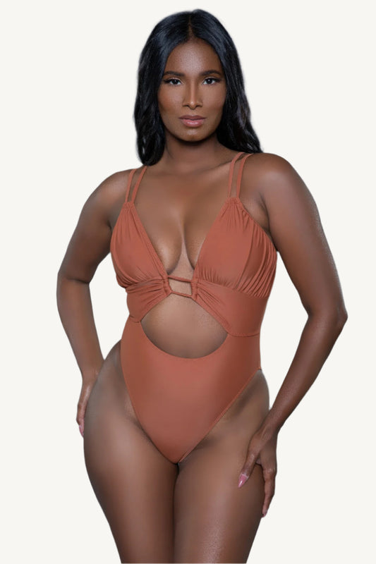 Strappy one-piece swimsuit with plunging neckline, caged front detail, waist cutout, padded cups, adjustable straps, and Brazilian high-cut bottom – bold, sculpting, and supportive.