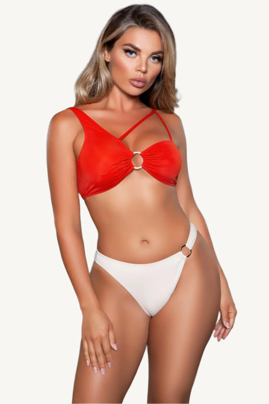 Asymmetrical bikini set with strappy sweetheart top, central metallic ring, and matching ring detail on medium coverage bottoms – bold, refined, and stretch-infused.