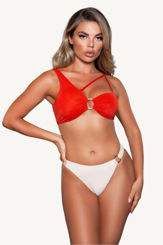 Asymmetrical bikini set with strappy sweetheart top, central metallic ring, and matching ring detail on medium coverage bottoms – bold, refined, and stretch-infused.