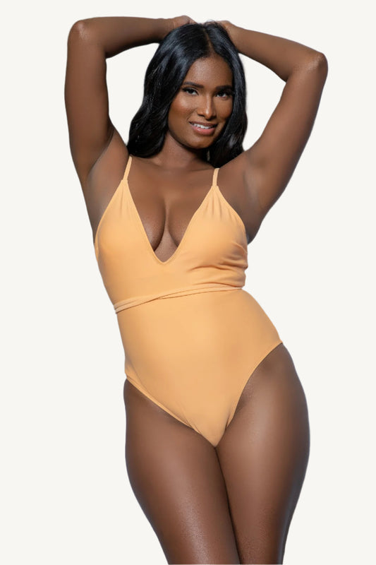 Deep V-neck one-piece swimsuit with waist tie, adjustable spaghetti straps, and lace accents – refined, flattering, and stretch-infused for comfort and support.