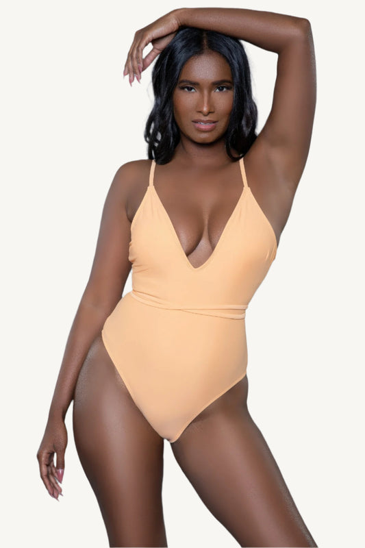Deep V-neck one-piece swimsuit with waist tie, adjustable spaghetti straps, and lace accents – refined, flattering, and stretch-infused for comfort and support.