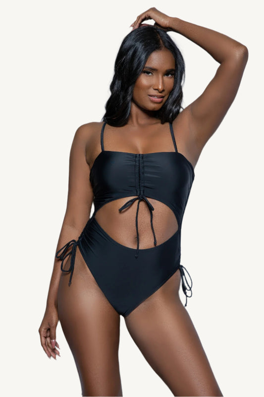 Paisley print one-piece swimsuit with square neckline, bandeau-style top, front keyhole cut-out, ruched sides, adjustable straps, and Brazilian cut – boho-chic and flattering.