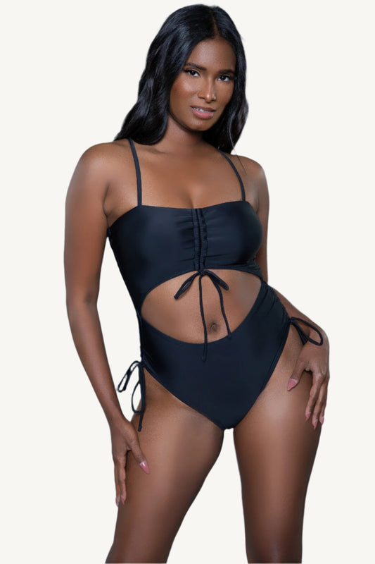 Paisley print one-piece swimsuit with square neckline, bandeau-style top, front keyhole cut-out, ruched sides, adjustable straps, and Brazilian cut – boho-chic and flattering.