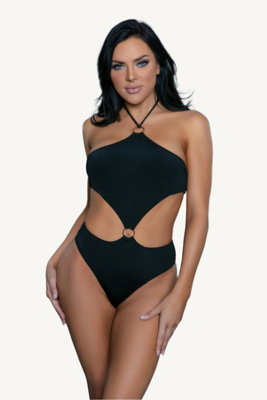 Halter monokini swimsuit with ring accent, open sides, back-tie closure, and high-cut Brazilian bottom – bold, flattering, and glamorously sleek.