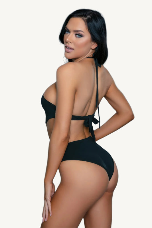 Halter monokini swimsuit with ring accent, open sides, back-tie closure, and high-cut Brazilian bottom – bold, flattering, and glamorously sleek.