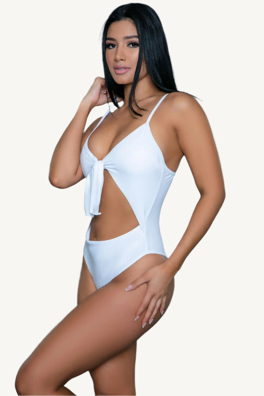 One-piece swimsuit with sweetheart neckline, front cut-out, tie-front bow, padded cups, and adjustable straps – sleek, supportive, and flattering.