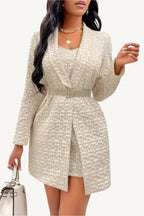 Two-piece set with floral texture cami dress and matching lightweight cardigan, made from 100% polyester – feminine, soft, and effortlessly coordinated.