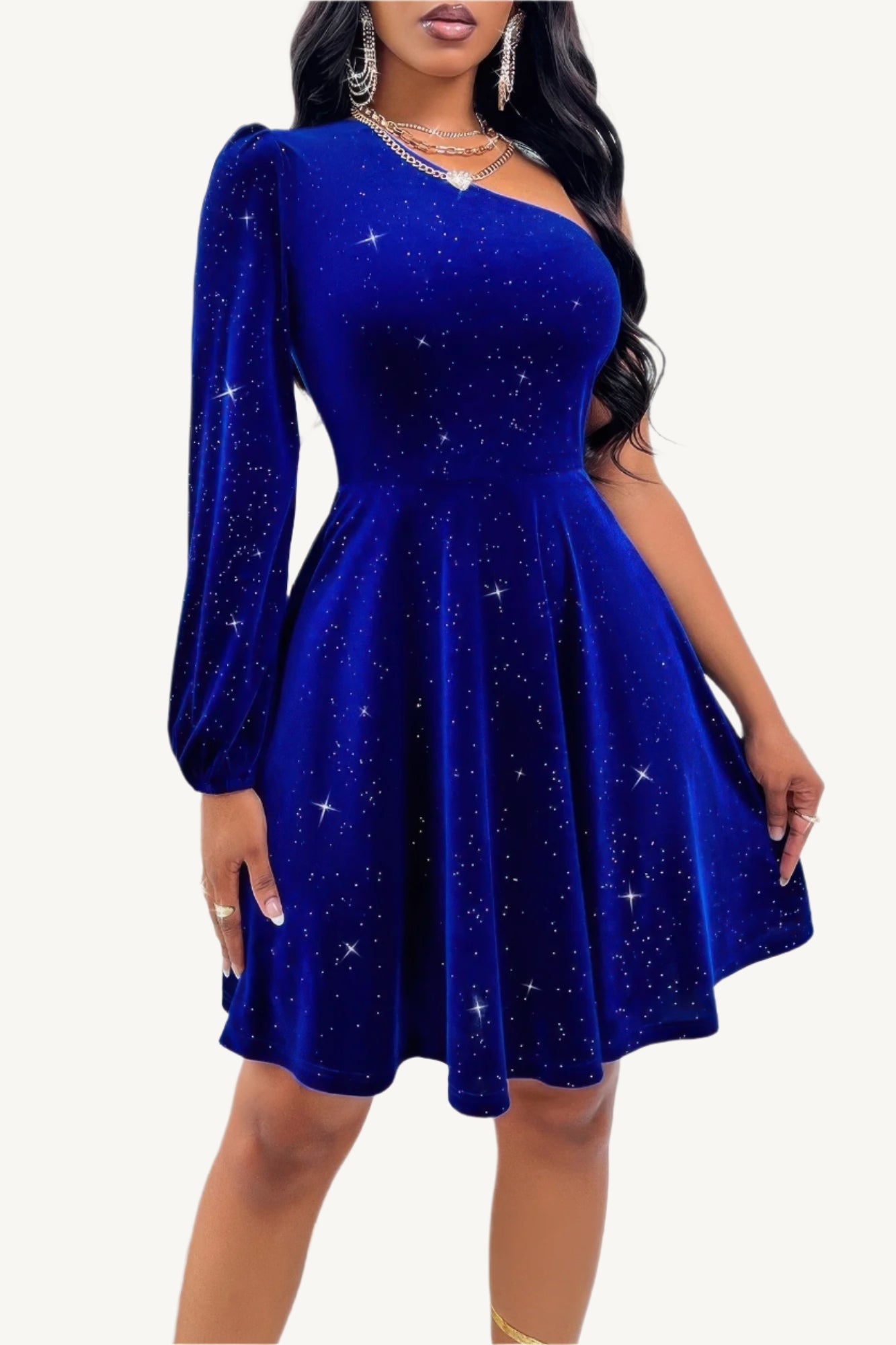 One-shoulder velvet dress with dramatic lantern sleeve and cinched waist, made from a soft, stretchy polyester-elastane blend – elegant, bold, and statement-making.