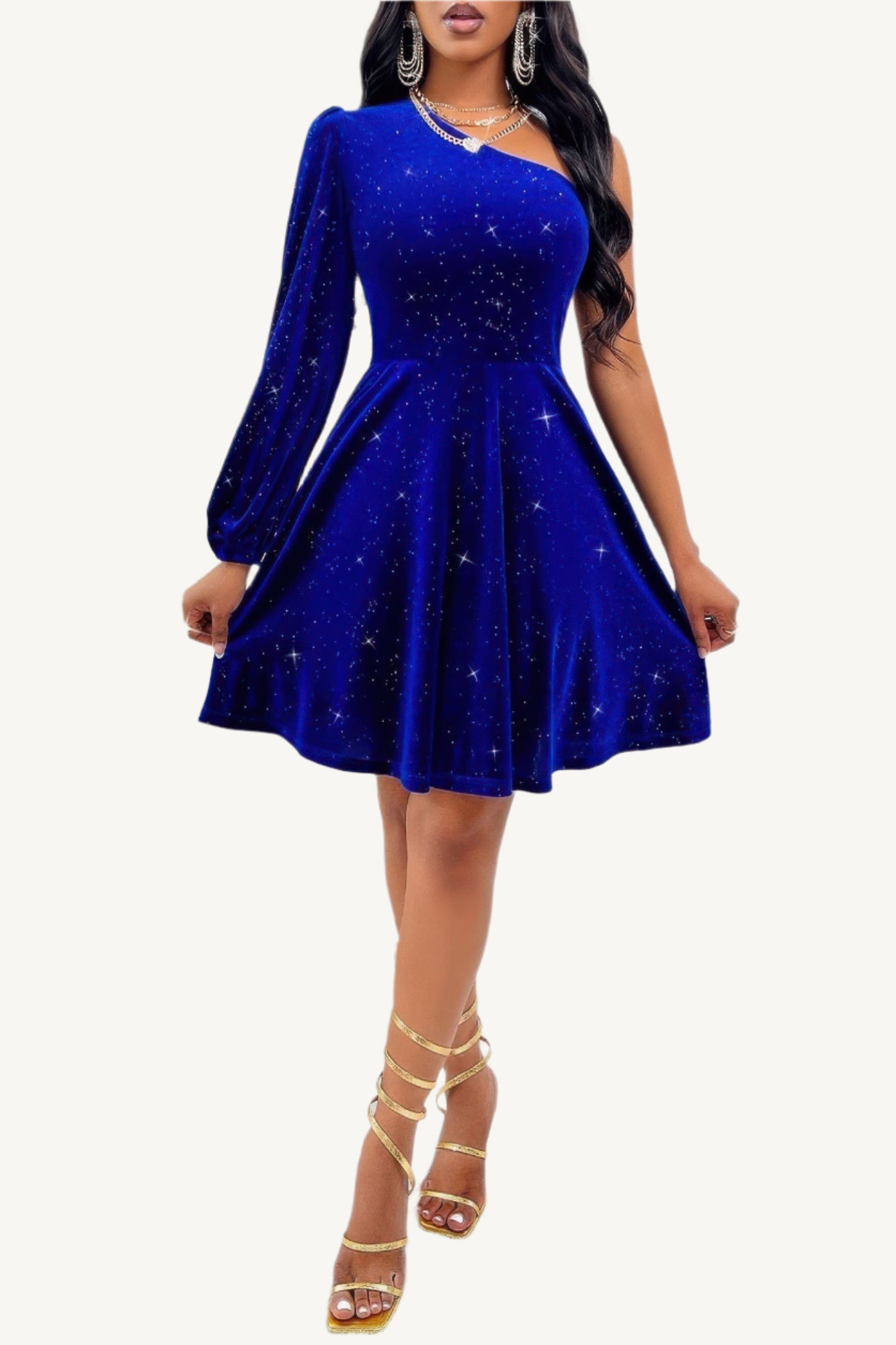 One-shoulder velvet dress with dramatic lantern sleeve and cinched waist, made from a soft, stretchy polyester-elastane blend – elegant, bold, and statement-making.