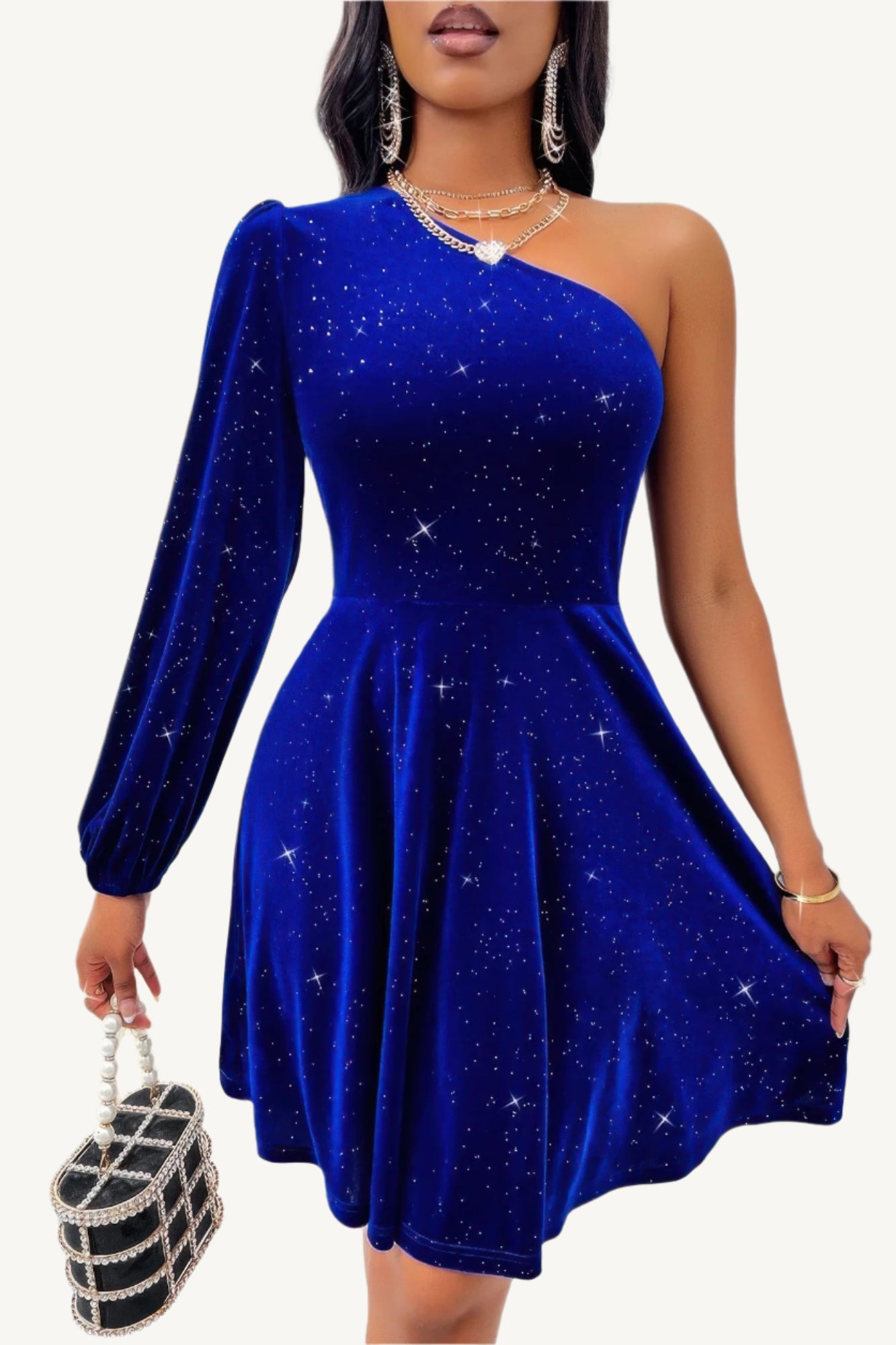 One-shoulder velvet dress with dramatic lantern sleeve and cinched waist, made from a soft, stretchy polyester-elastane blend – elegant, bold, and statement-making.