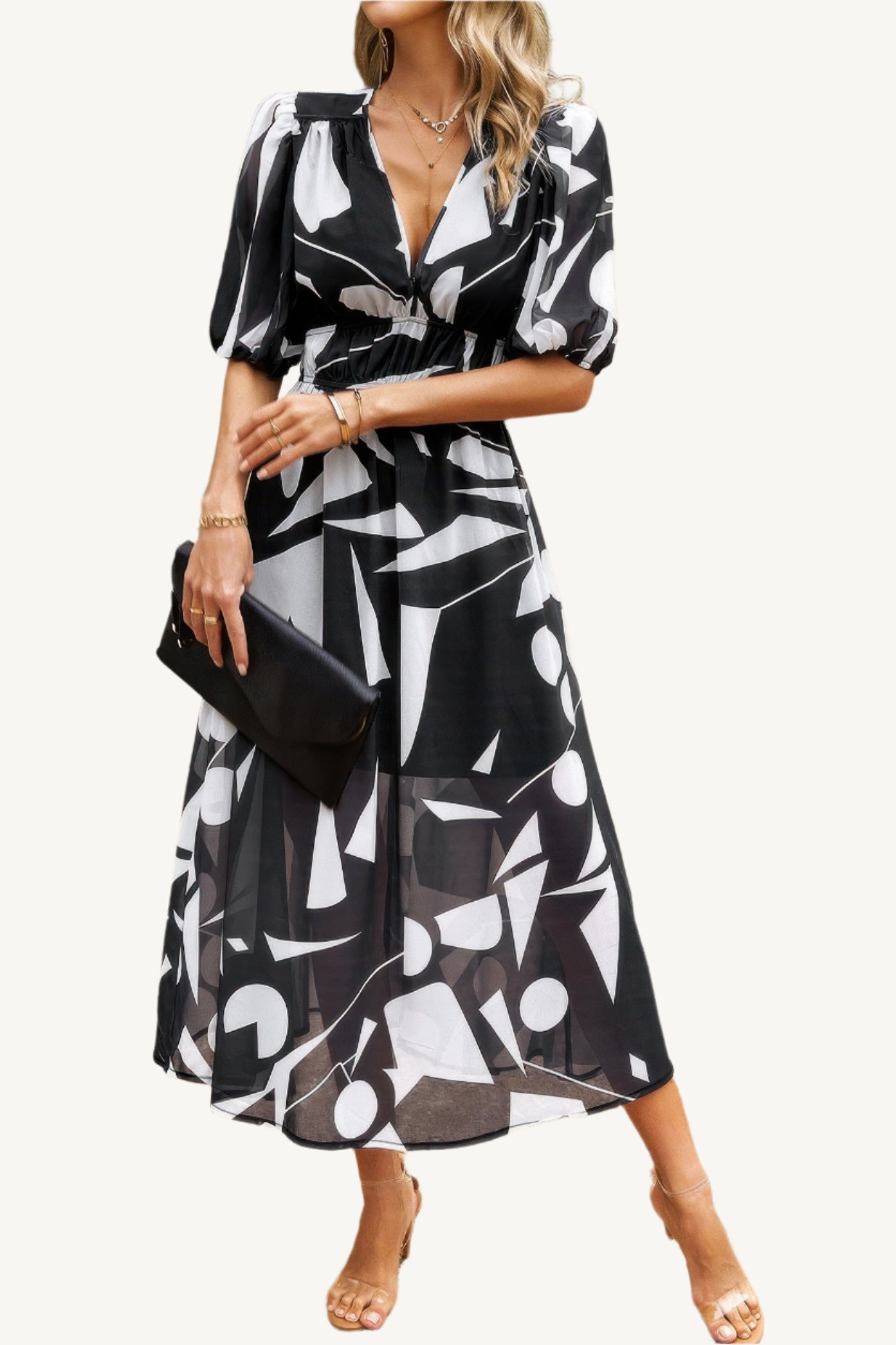 Boho-style midi dress with V-neckline, elastic waist, and flowy silhouette – made from 100% viscose for breathable, lightweight comfort.