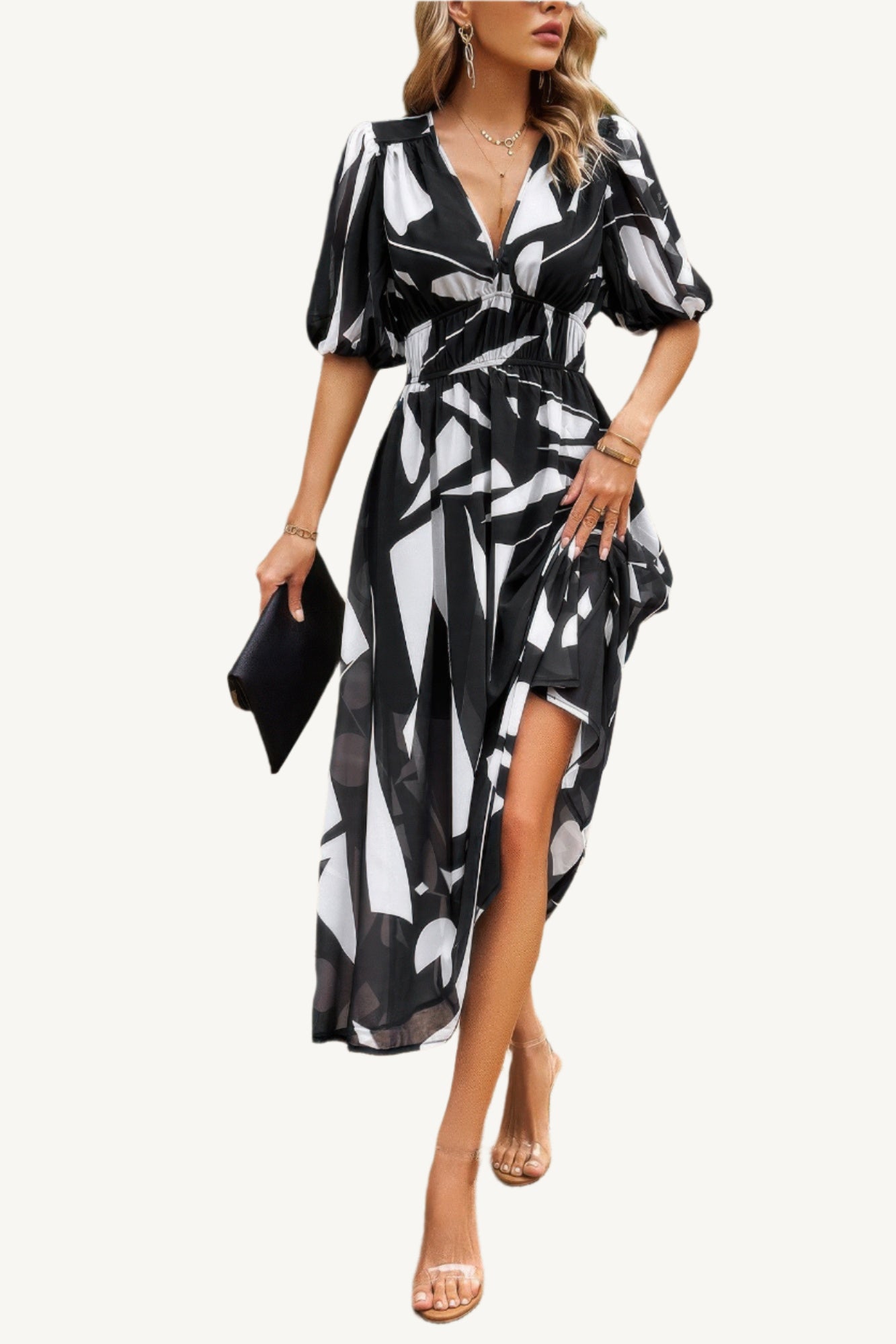 Boho-style midi dress with V-neckline, elastic waist, and flowy silhouette – made from 100% viscose for breathable, lightweight comfort.