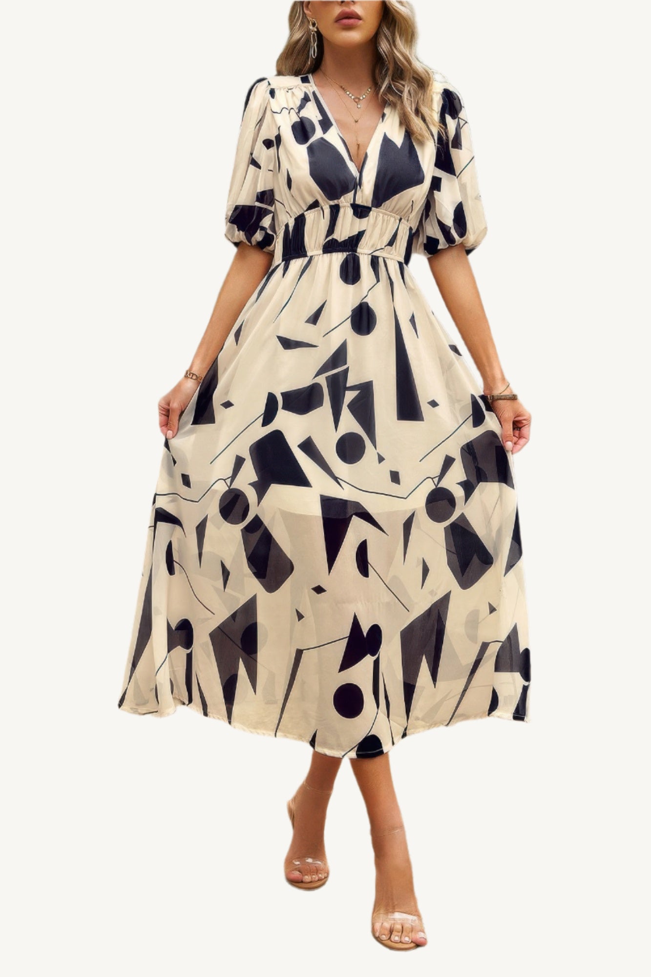 Boho-style midi dress with V-neckline, elastic waist, and flowy silhouette – made from 100% viscose for breathable, lightweight comfort.
