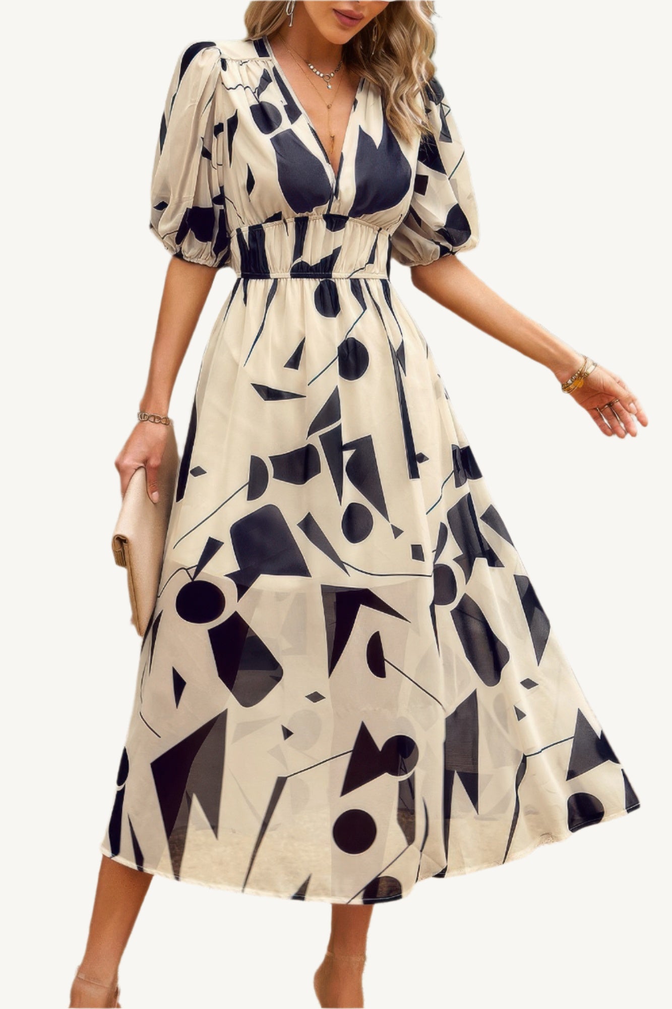 Boho-style midi dress with V-neckline, elastic waist, and flowy silhouette – made from 100% viscose for breathable, lightweight comfort.