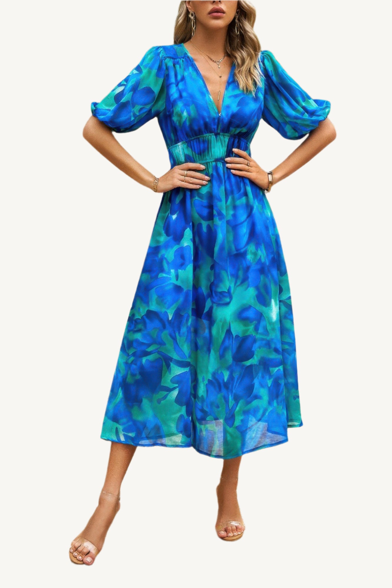 Boho-style midi dress with V-neckline, elastic waist, and flowy silhouette – made from 100% viscose for breathable, lightweight comfort.