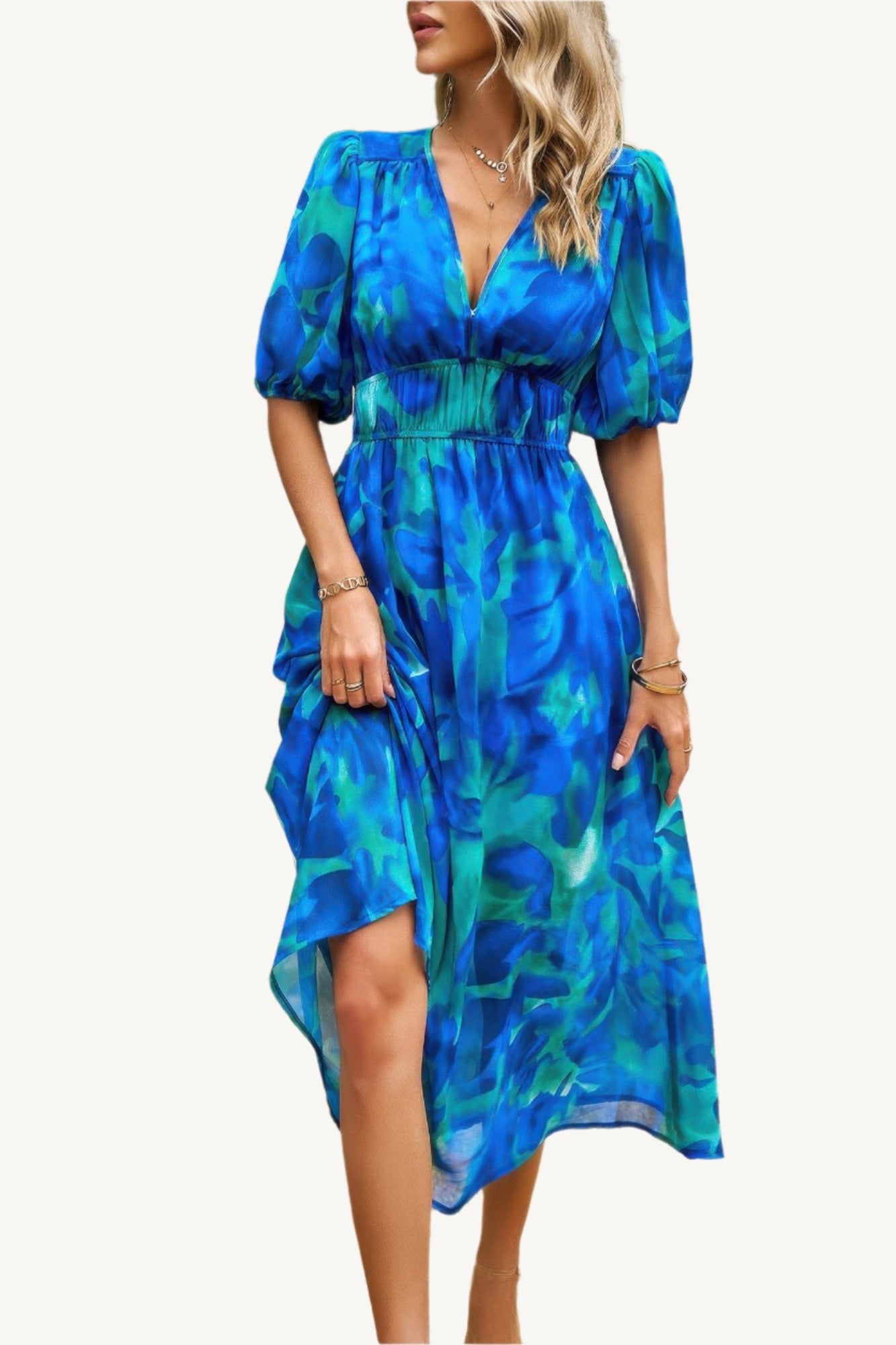 Boho-style midi dress with V-neckline, elastic waist, and flowy silhouette – made from 100% viscose for breathable, lightweight comfort.