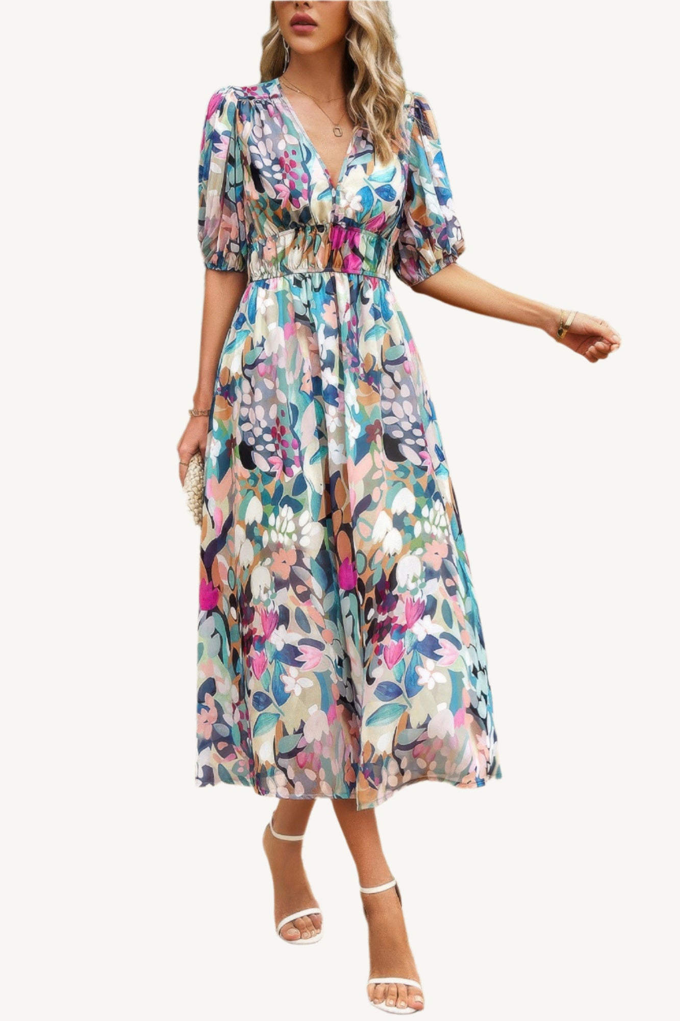Boho-style midi dress with V-neckline, elastic waist, and flowy silhouette – made from 100% viscose for breathable, lightweight comfort.