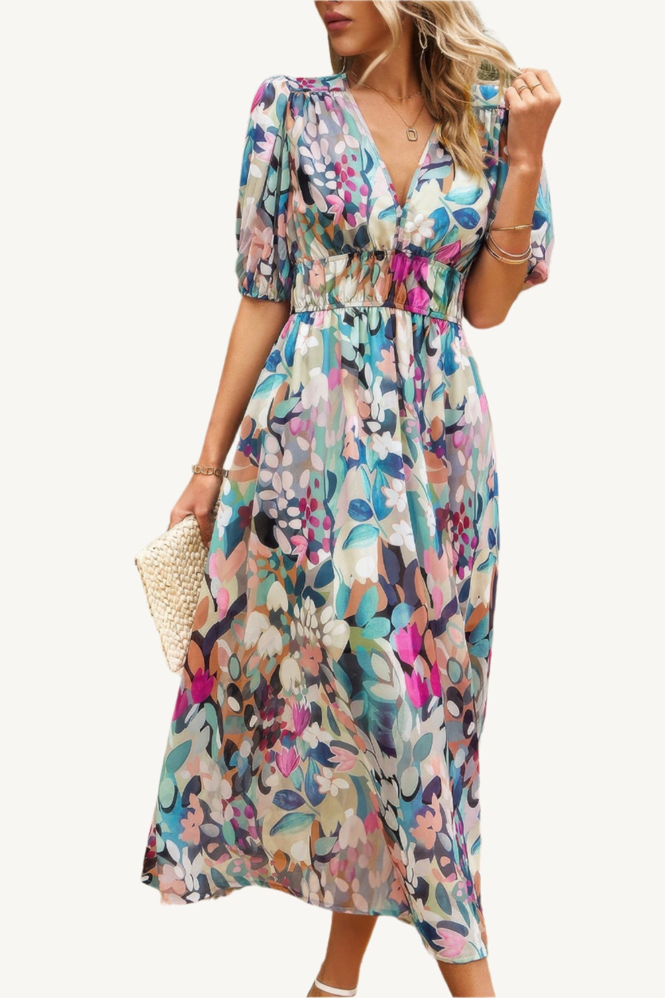 Boho-style midi dress with V-neckline, elastic waist, and flowy silhouette – made from 100% viscose for breathable, lightweight comfort.