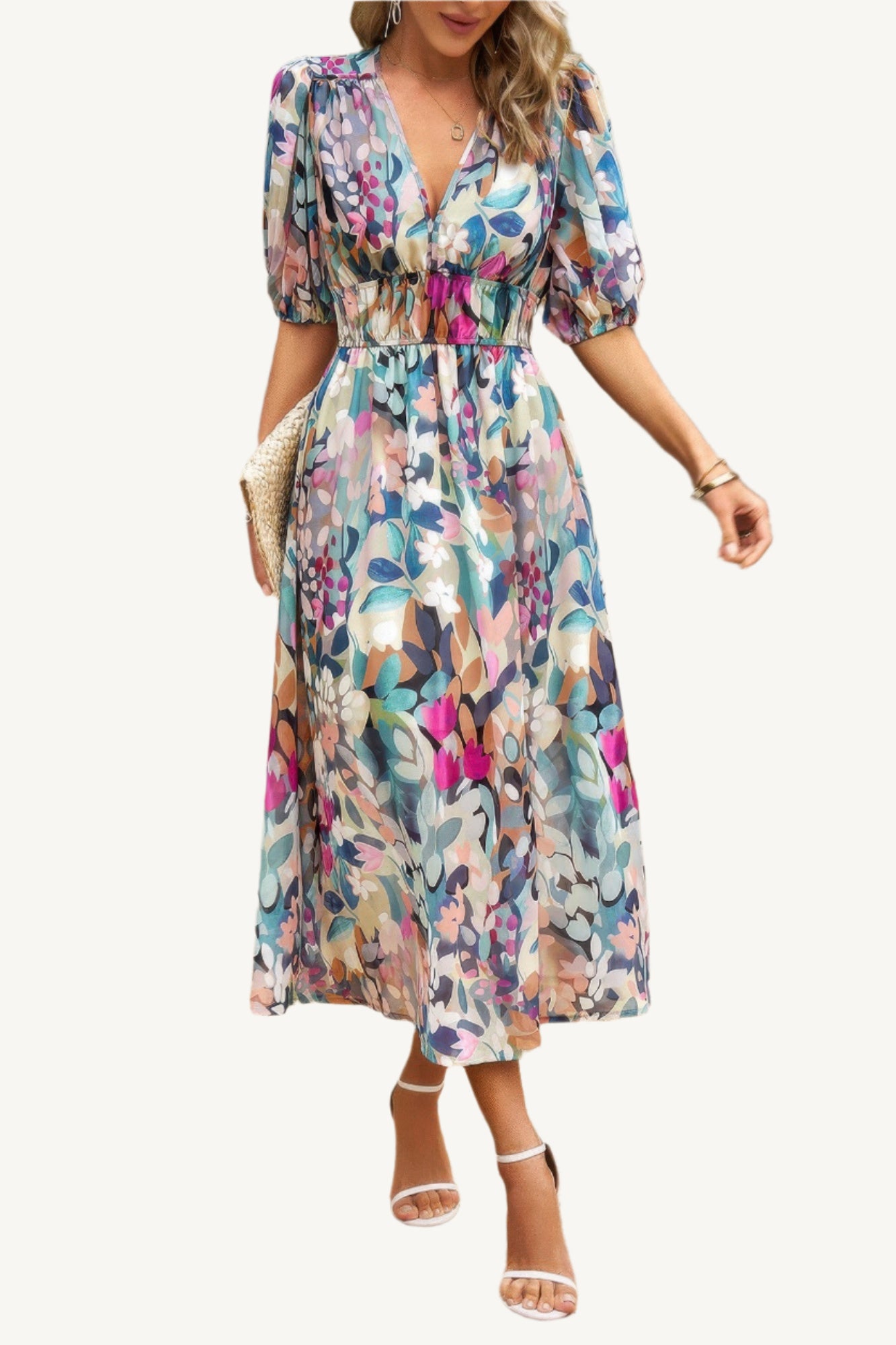 Boho-style midi dress with V-neckline, elastic waist, and flowy silhouette – made from 100% viscose for breathable, lightweight comfort.