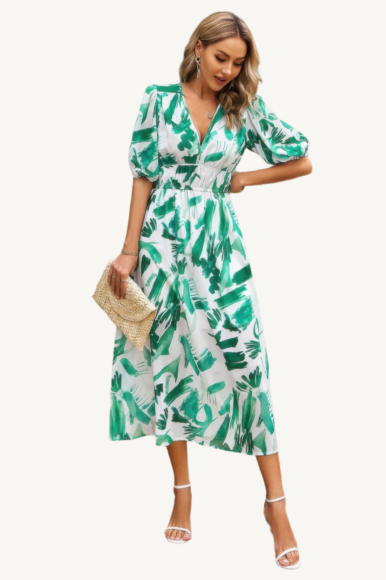 Boho-style midi dress with V-neckline, elastic waist, and flowy silhouette – made from 100% viscose for breathable, lightweight comfort.