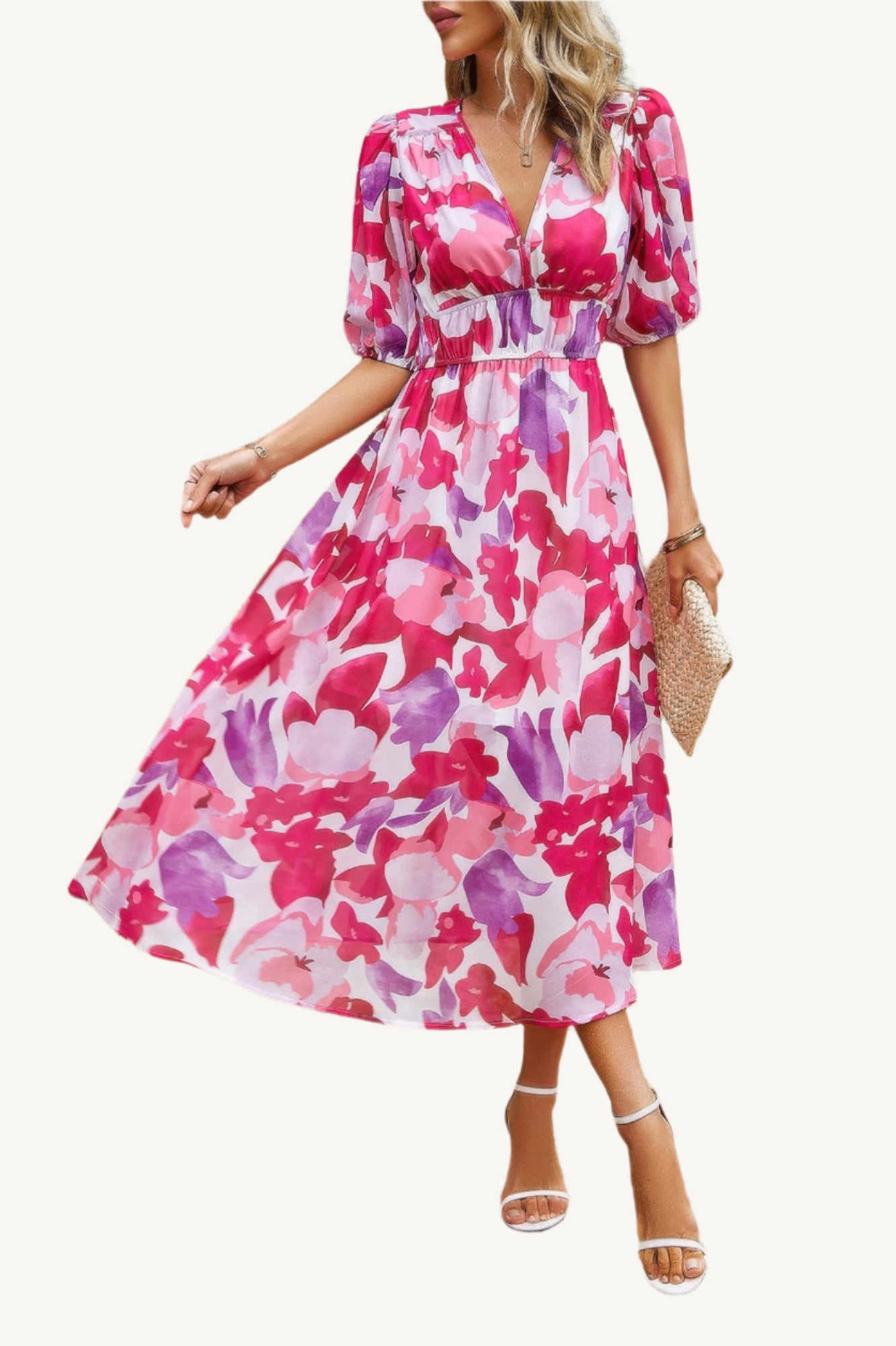 Boho-style midi dress with V-neckline, elastic waist, and flowy silhouette – made from 100% viscose for breathable, lightweight comfort.