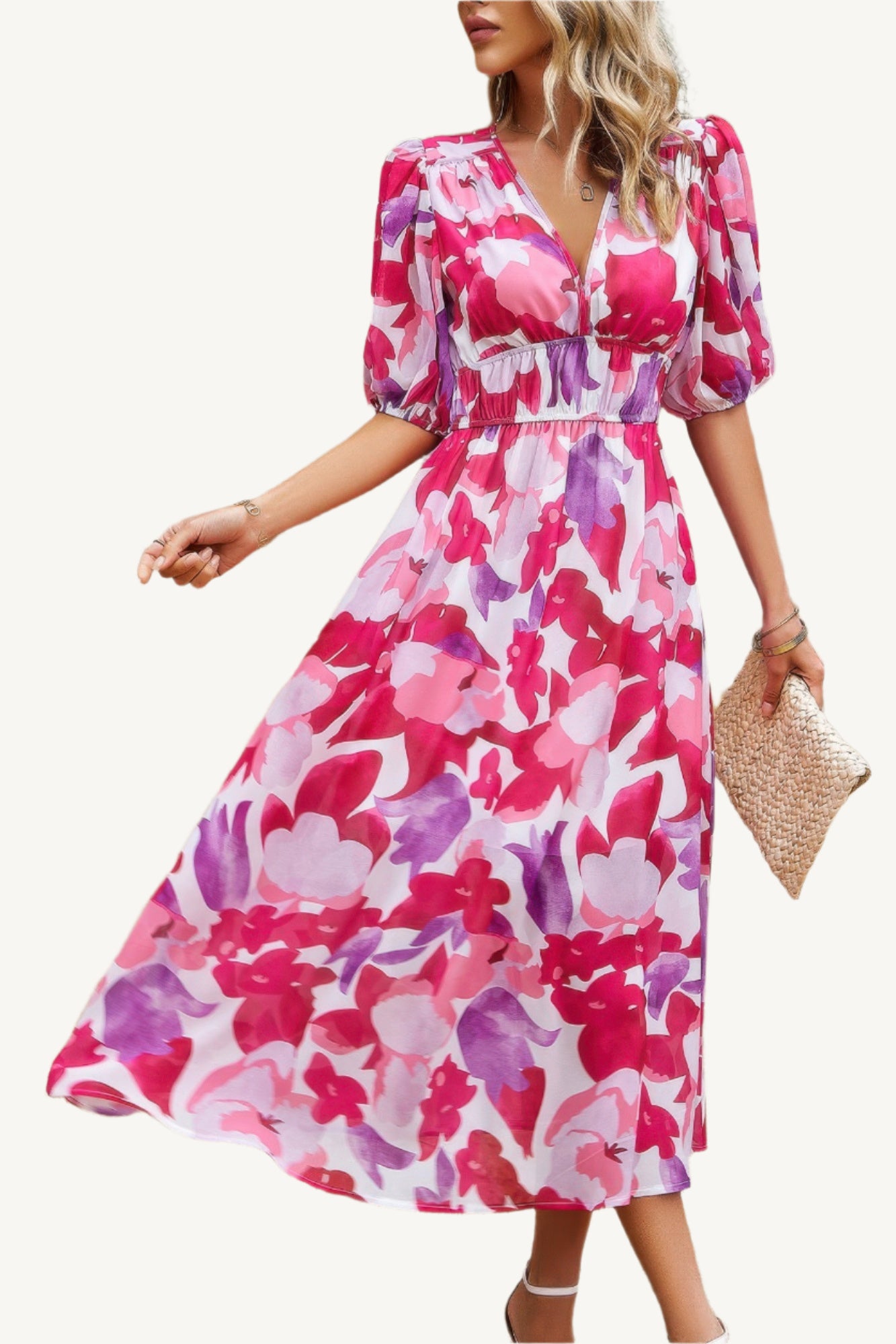 Boho-style midi dress with V-neckline, elastic waist, and flowy silhouette – made from 100% viscose for breathable, lightweight comfort.
