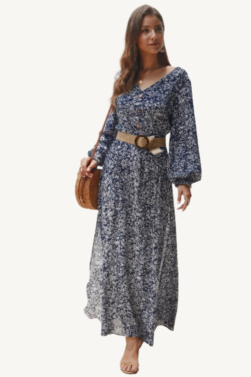 Floral V-neck maxi dress with long sleeves and full-length silhouette, made from a soft cotton-polyester blend – elegant, breathable, and feminine.