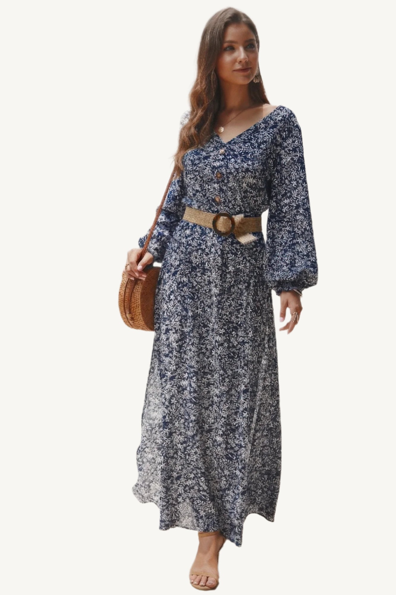 Floral V-neck maxi dress with long sleeves and full-length silhouette, made from a soft cotton-polyester blend – elegant, breathable, and feminine.