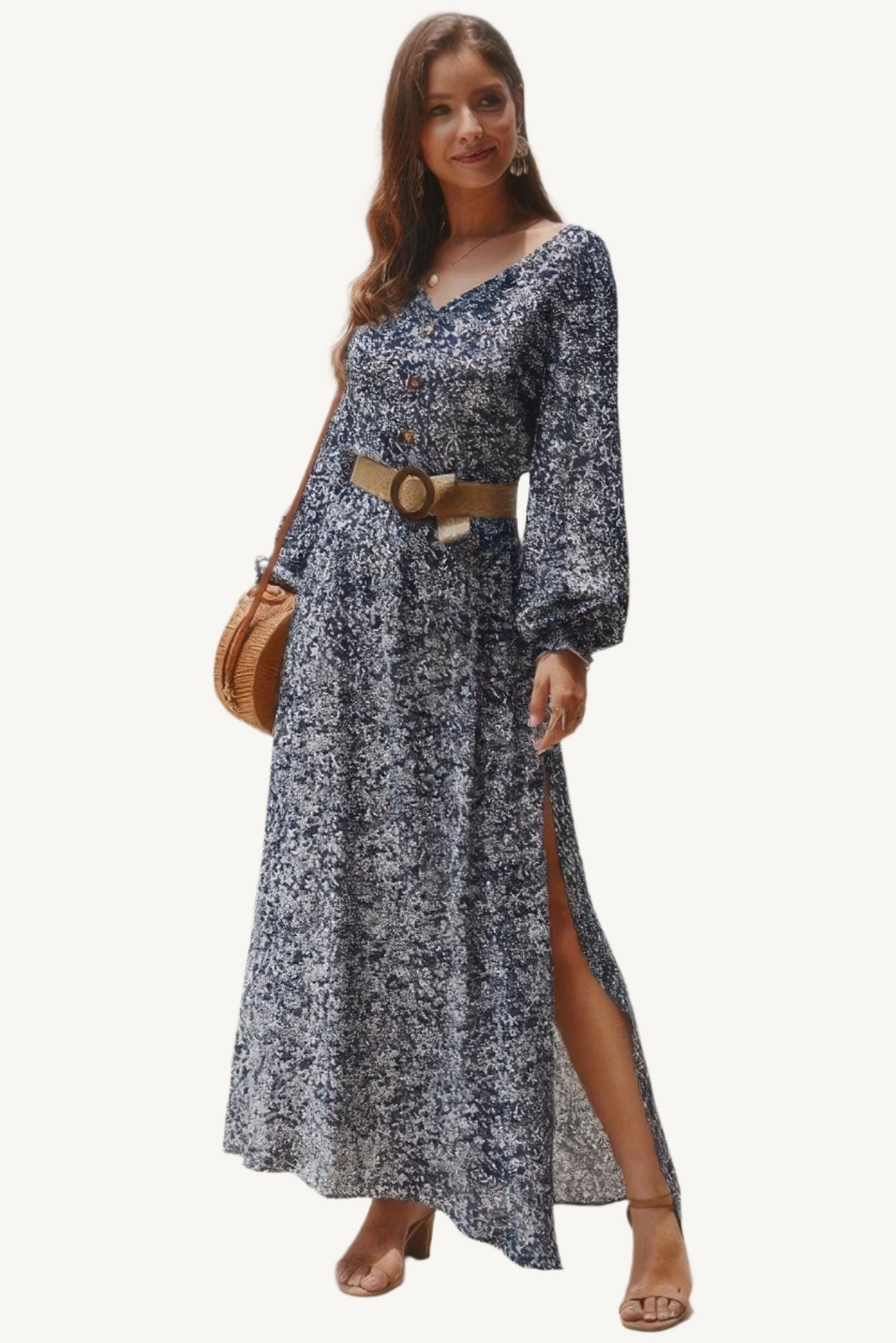 Floral V-neck maxi dress with long sleeves and full-length silhouette, made from a soft cotton-polyester blend – elegant, breathable, and feminine.