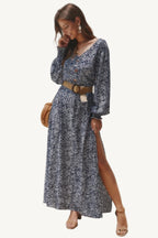 Floral V-neck maxi dress with long sleeves and full-length silhouette, made from a soft cotton-polyester blend – elegant, breathable, and feminine.