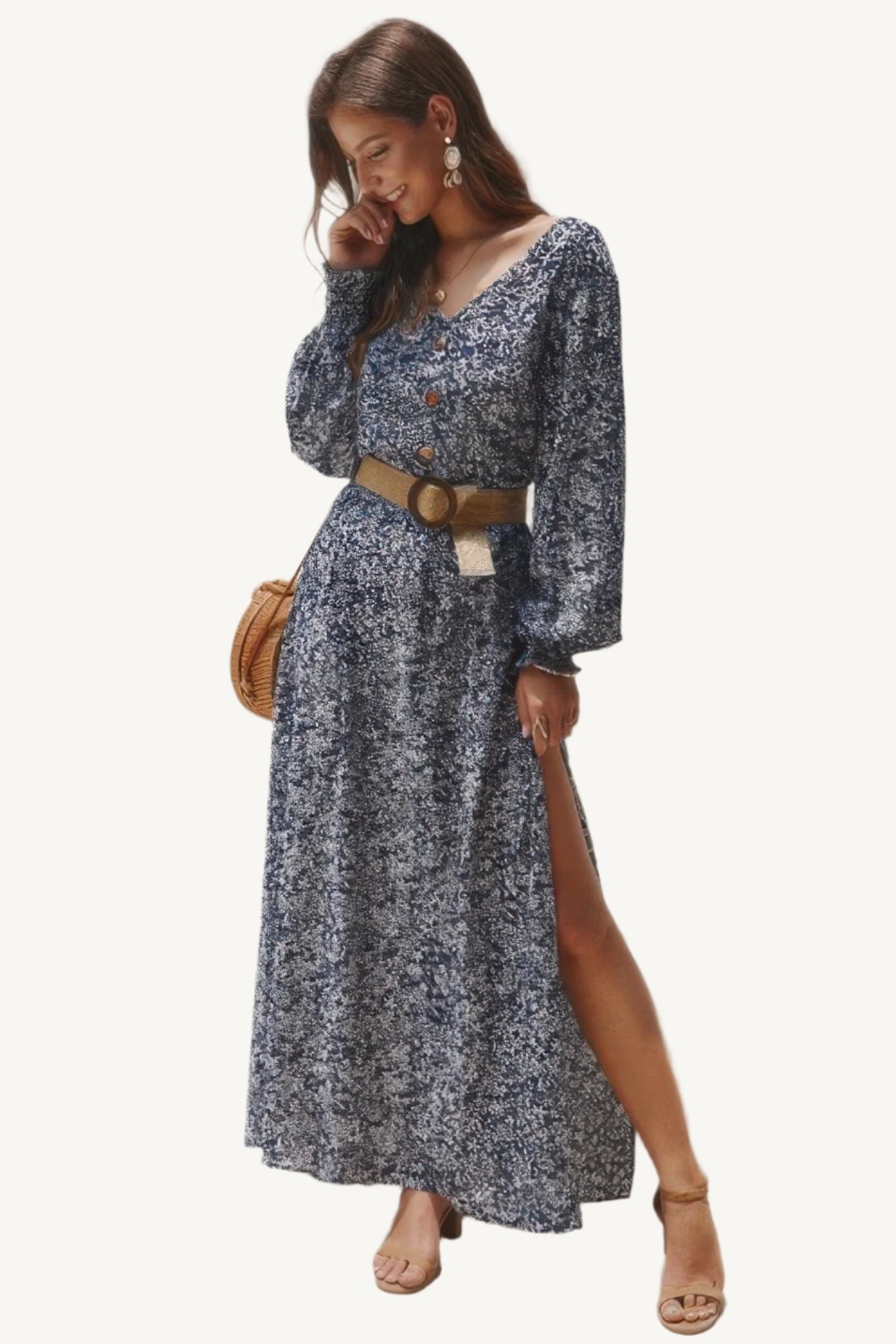 Floral V-neck maxi dress with long sleeves and full-length silhouette, made from a soft cotton-polyester blend – elegant, breathable, and feminine.