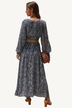 Floral V-neck maxi dress with long sleeves and full-length silhouette, made from a soft cotton-polyester blend – elegant, breathable, and feminine.