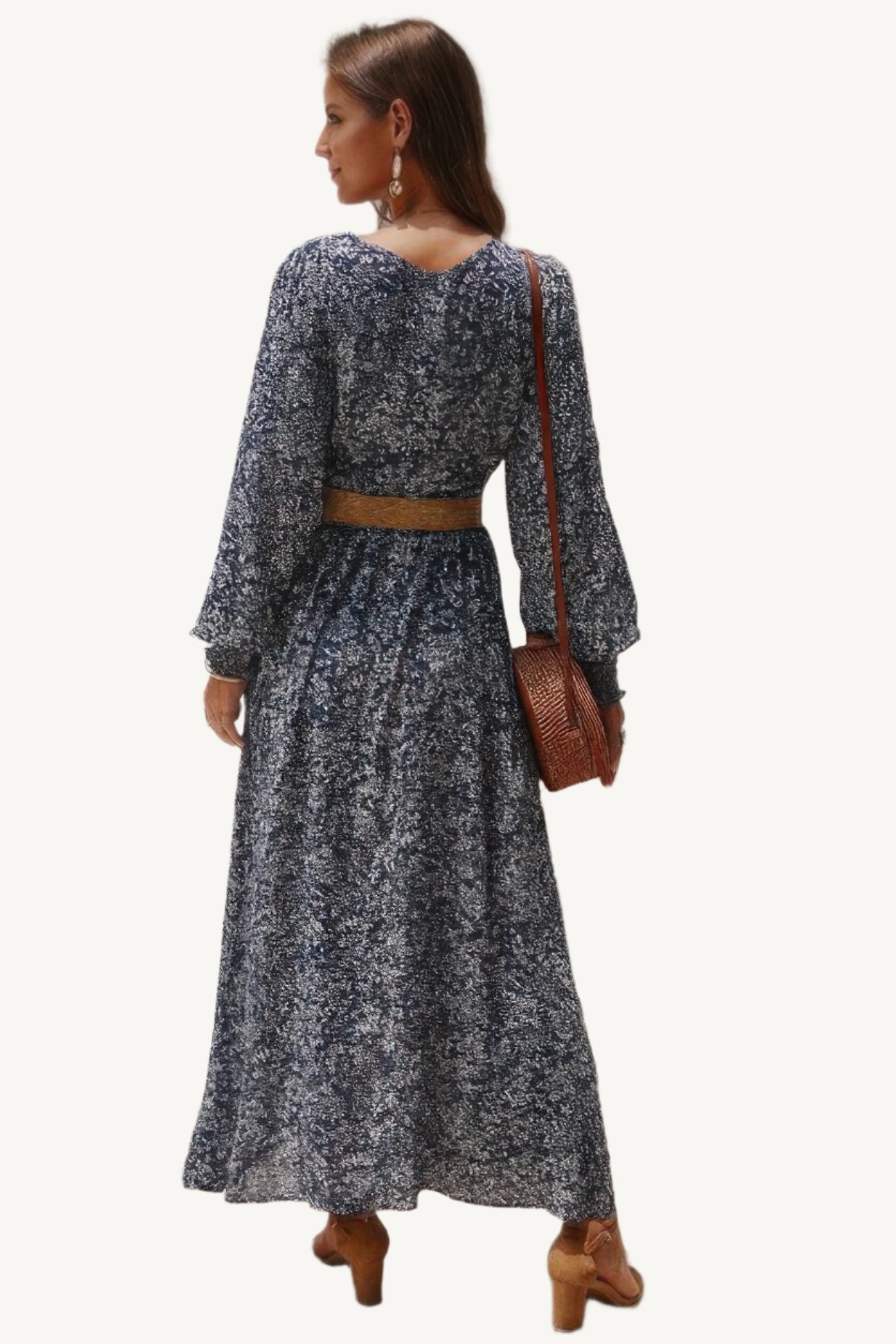 Floral V-neck maxi dress with long sleeves and full-length silhouette, made from a soft cotton-polyester blend – elegant, breathable, and feminine.