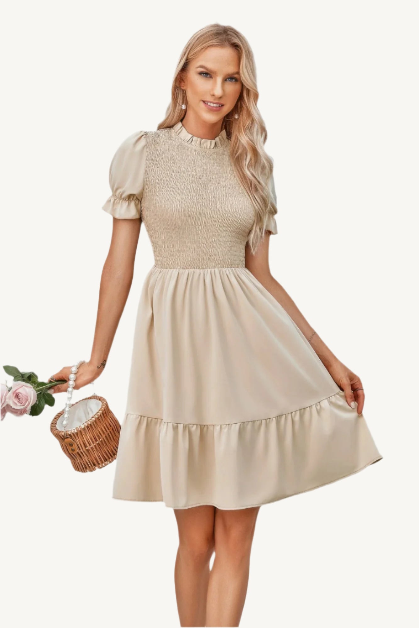 Solid puff sleeve dress with shirred bodice and ruffle hem, made from lightweight polyester – feminine, playful, and perfect for warm-weather days.