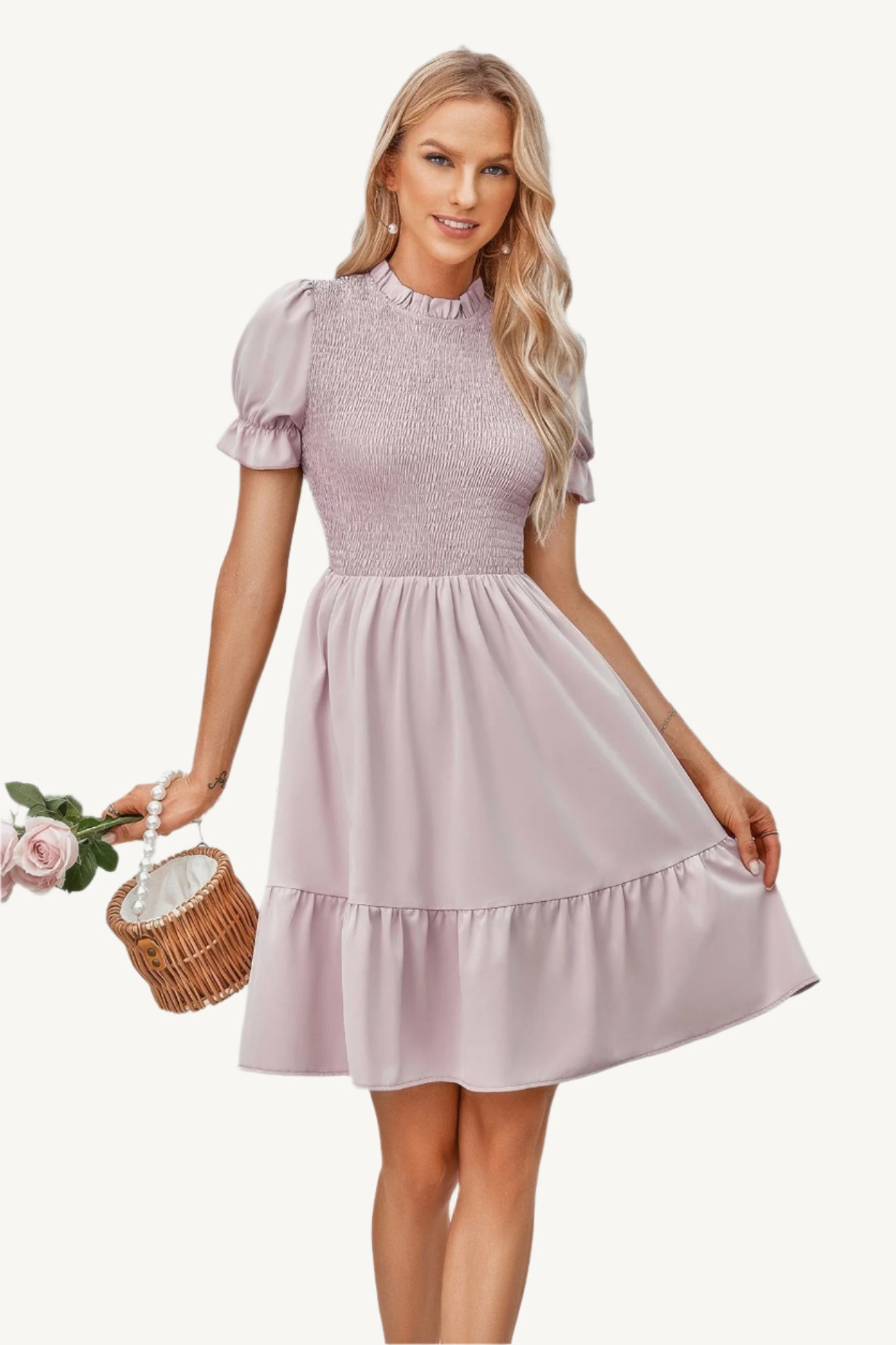 Solid puff sleeve dress with shirred bodice and ruffle hem, made from lightweight polyester – feminine, playful, and perfect for warm-weather days.