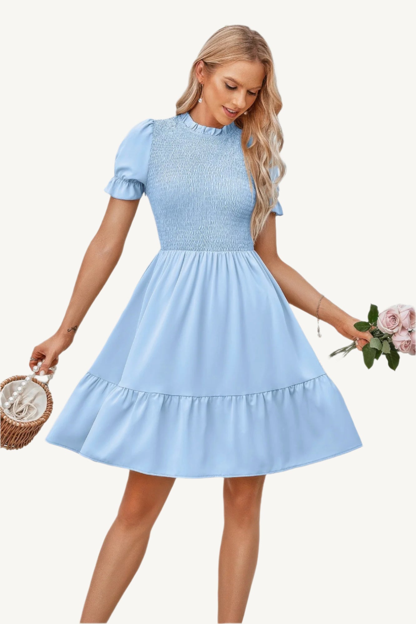 Solid puff sleeve dress with shirred bodice and ruffle hem, made from lightweight polyester – feminine, playful, and perfect for warm-weather days.