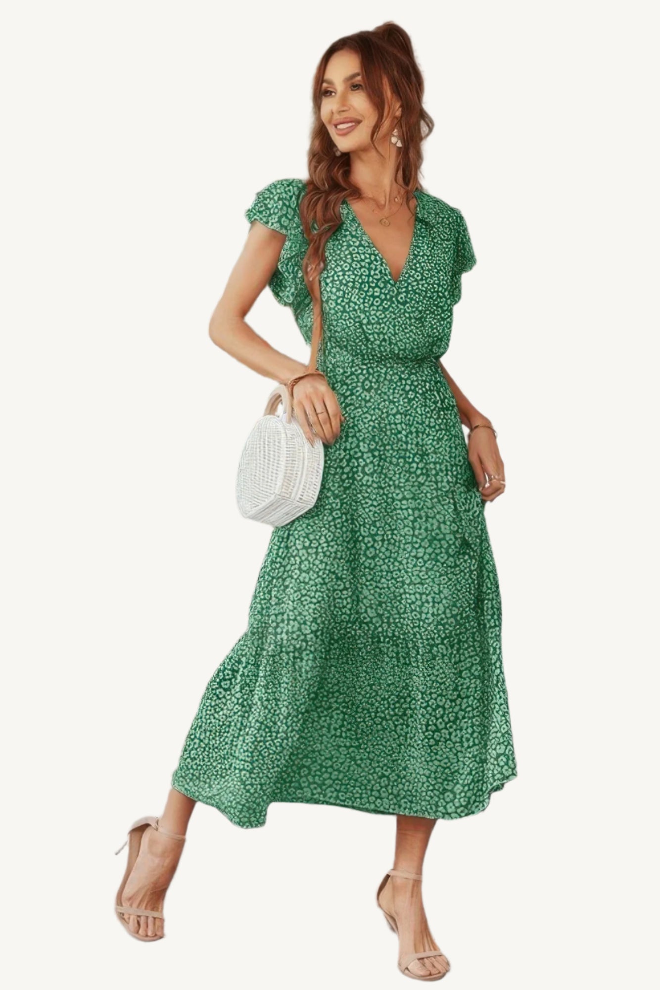 Floral V-neck dress with ruffle short sleeves and high waist, made from lightweight polyester – fresh, feminine, and perfect for warm-weather days.