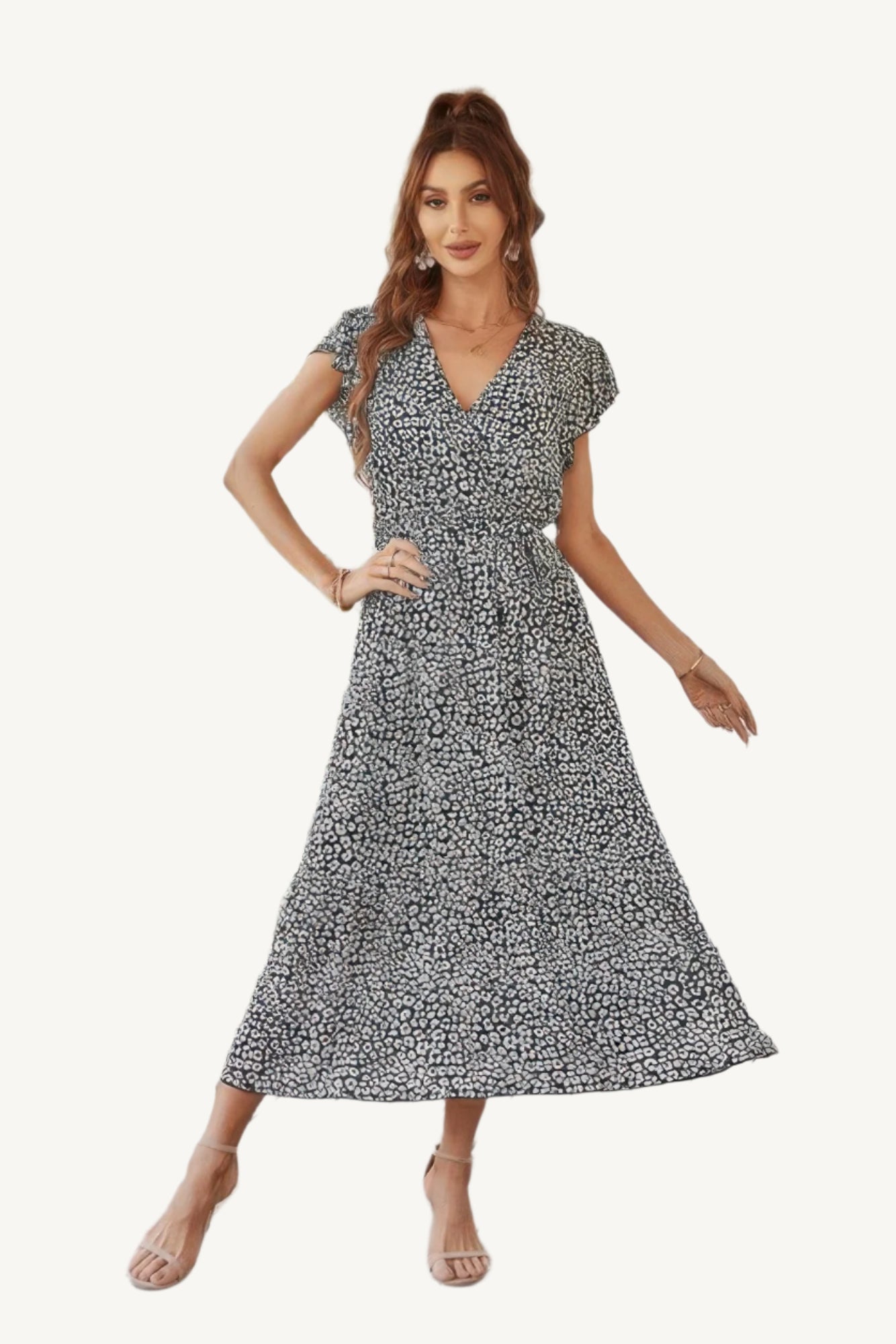 Floral V-neck dress with ruffle short sleeves and high waist, made from lightweight polyester – fresh, feminine, and perfect for warm-weather days.