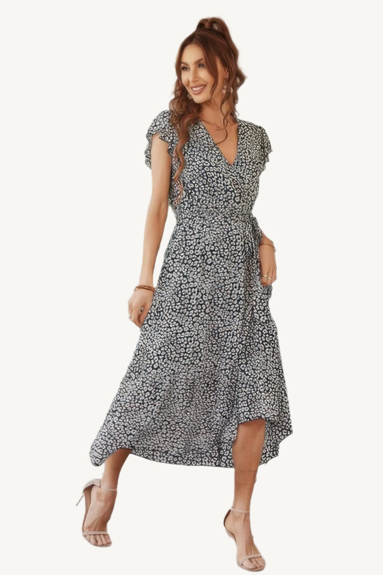 Floral V-neck dress with ruffle short sleeves and high waist, made from lightweight polyester – fresh, feminine, and perfect for warm-weather days.